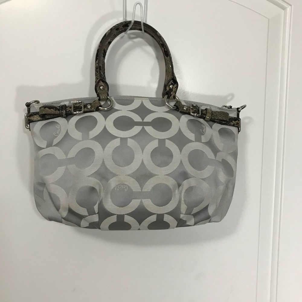 Coach Madison Sophia Op Art Gray Sateen Satchel with Python-Embossed Trim EUC - Picture 2 of 7